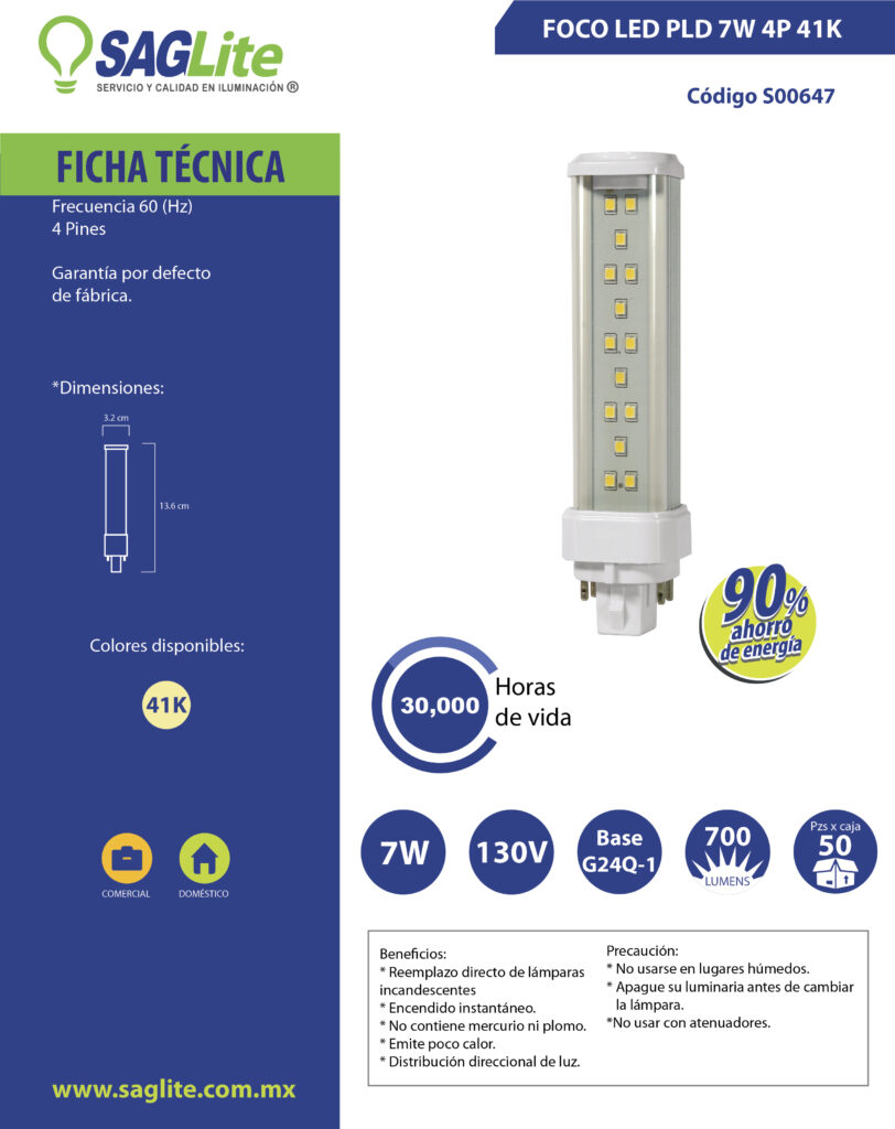 FOCO LED PLD 7W 4P 41K | SAGLITE