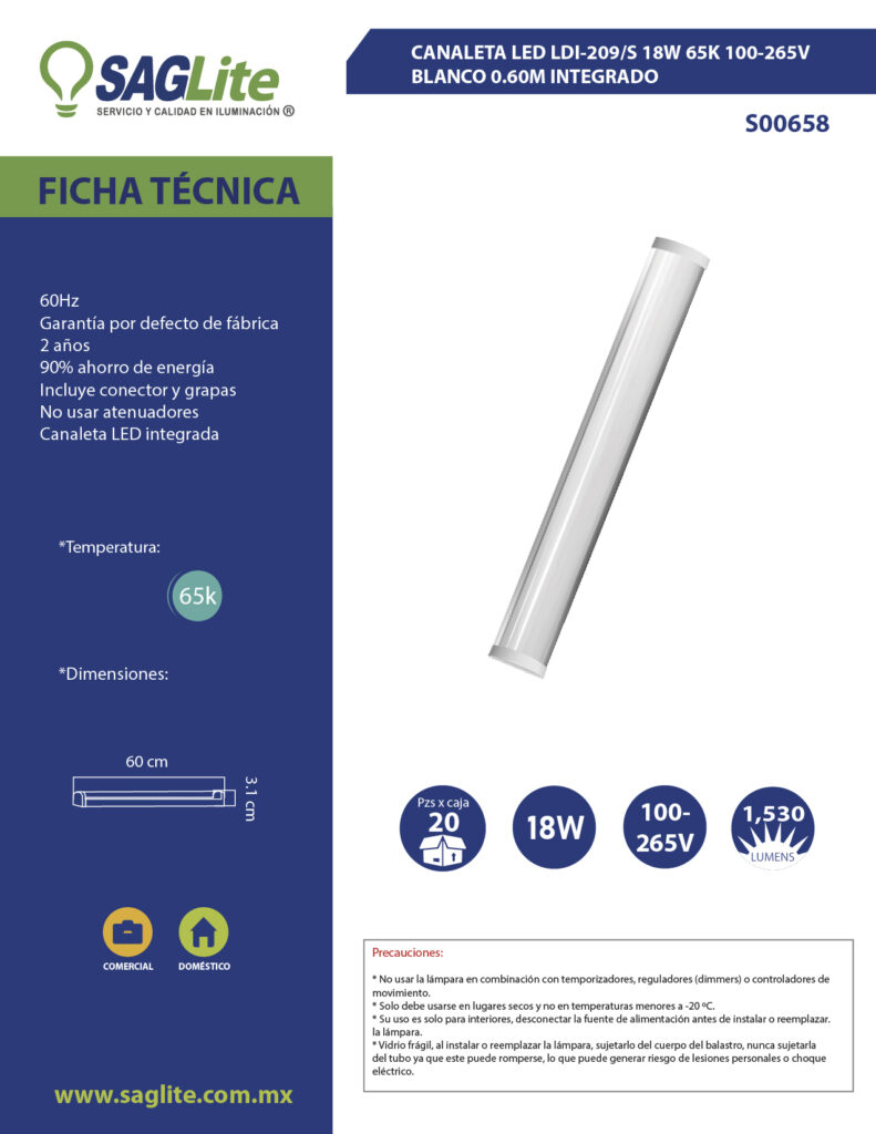 CANALETA LED LDI-209/S 18W 65K 100-265V BLANCO 0.60M INTEGRADO | SAGLITE